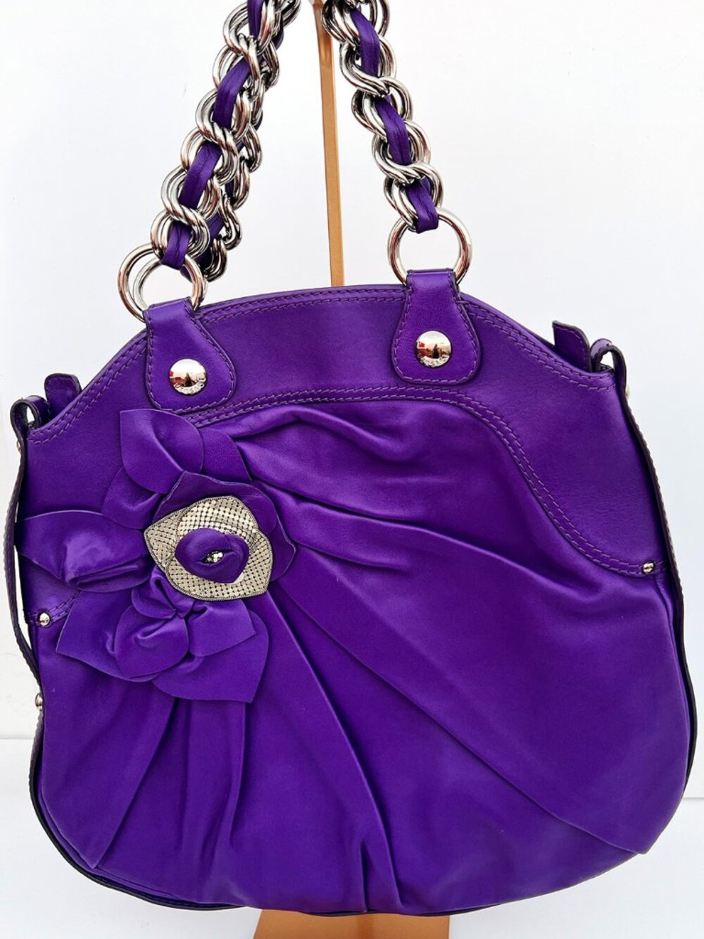Authentic VERSACE Purple Leather 3D Flower Mesh Chunky Chain Satchel Hobo Bag